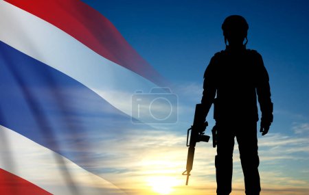 Téléchargez les illustrations : Silhouette of soldier with Thai flag against the sunrise. Patriotic concept. EPS10 vector - en licence libre de droit
