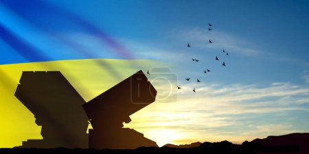 Illustration for Air defense on background at the sky at sunset with Ukrainian flag. Air defence concept. EPS10 vector - Royalty Free Image