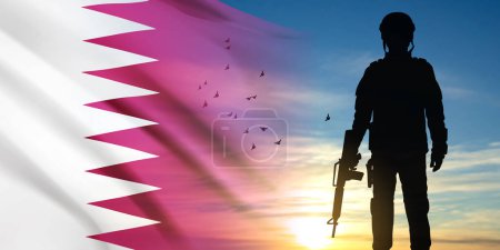 Illustration for Silhouette of army soldier with Qatari flag on a background the sunset or the sunrise. Concept for National Holidays. EPS10 vector - Royalty Free Image