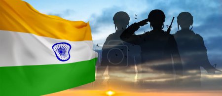 Illustration for Silhouette of soldiers with India flag on a background the sky. Greeting card for Independence day, Republic Day, Vijay Diwas. EPS10 vector - Royalty Free Image