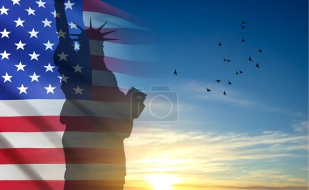 Illustration for SIlhouette of Statue of Liberty on the background of flag USA and sunset or sunrise. EPS10 vector - Royalty Free Image