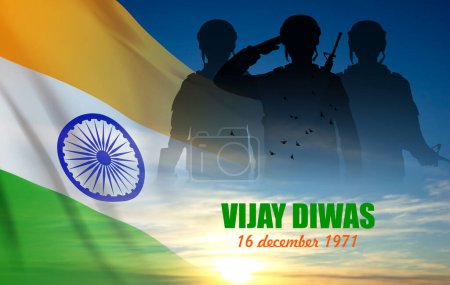 Illustration for Silhouette of soldiers with India flag on a background the sky. Greeting card for Independence day, Republic Day, Vijay Diwas. EPS10 vector - Royalty Free Image