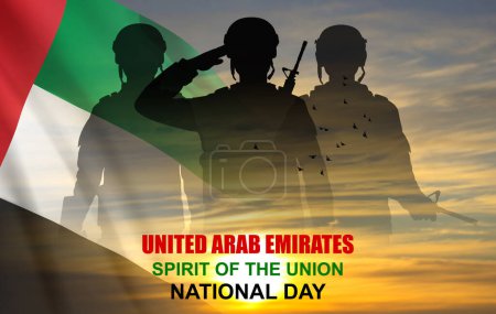 Foto de Silhouette of a soldiers on background of the sunrise and UAE flag. Background for Commemoration Day, Martyrs Day. EPS10 vector - Imagen libre de derechos