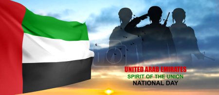 Foto de Silhouette of a soldiers on background of the sunrise and UAE flag. Concept for Commemoration Day, Martyrs Day. EPS10 vector - Imagen libre de derechos