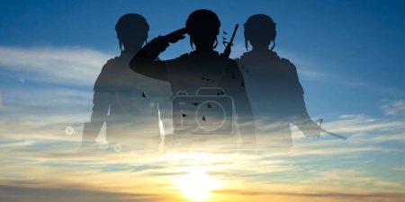 Ilustración de Military silhouettes of soldiers against the sunset or sunrise. Concept for Armed Forces Day. EPS10 vector - Imagen libre de derechos
