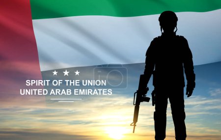 Illustration for Silhouette of a soldier on background of the sunrise and UAE flag. Concept for Commemoration Day, Martyrs Day. EPS10 vector - Royalty Free Image