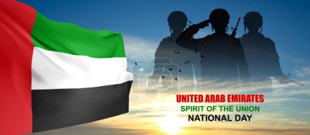 Foto de Silhouette of a soldiers on background of the sunrise and UAE flag. Concept for Commemoration Day, Martyrs Day. EPS10 vector - Imagen libre de derechos