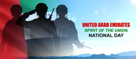 Foto de Silhouette of a soldiers on background of the sky and UAE flag. Armed forces of United Arab Emirates. Concept for Commemoration Day, Martyrs Day, Natioanl Day. ESP10 vector - Imagen libre de derechos