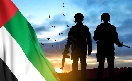 Foto de Silhouette of a soldiers on background of the sunrise and UAE flag. Armed forces of United Arab Emirates. Concept for Commemoration Day, Martyrs Day, National Day. EPS10 vector - Imagen libre de derechos