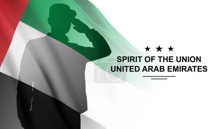 Foto de Silhouette of saluting soldier with the flag of UAE on white background. Armed forces of United Arab Emirates. Concept for Commemoration Day, Martyrs Day, National Day. EPS10 vector - Imagen libre de derechos