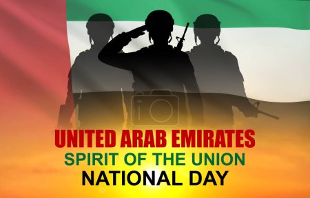 Foto de Silhouette of a soldiers on background of the sunrise and UAE flag. Armed forces of United Arab Emirates. Concept for Commemoration Day, Martyrs Day. ESP10 vector - Imagen libre de derechos