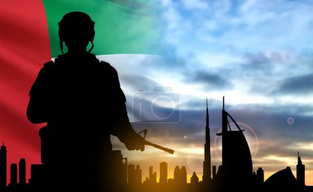 Foto de Silhouette of a solider on background of sunrise and Dubai skyline. UAE national holidays, National Day, Commemoration Day concept. EPS10 vector - Imagen libre de derechos