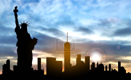 Ilustración de Silhouette of the Statue of Liberty over the scene of New york cityscape on a sunset. EPS10 vector - Imagen libre de derechos