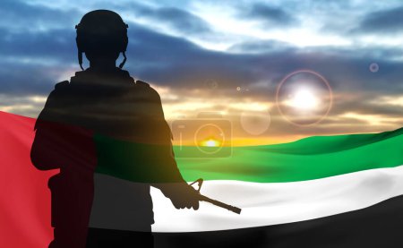 Foto de Silhouette of a soldier on background of the sunrise and UAE flag. Armed forces of United Arab Emirates. Concept for Commemoration Day, Martyrs Day. 3D-image, 3D-rendering - Imagen libre de derechos