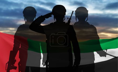 Foto de Silhouette of a soldiers on background of the sunrise and UAE flag. Armed forces of United Arab Emirates. Concept for Commemoration Day, Martyrs Day. 3D-image, 3D-rendering - Imagen libre de derechos