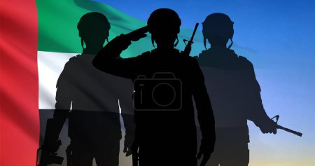Foto de Silhouette of soldiers with the flag of UAE. Armed forces of United Arab Emirates. Concept for Commemoration Day, Martyrs Day, National Day. EPS10 vector - Imagen libre de derechos