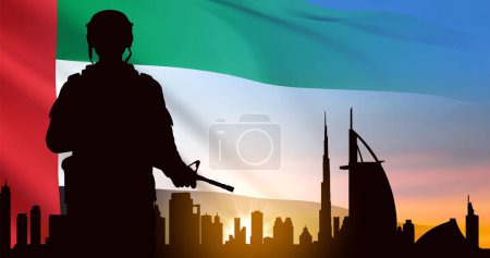 Foto de Silhouette of a solider saluting on background of sunrise and Dubai skyline. UAE national holidays, National Day, Commemoration Day concept. EPS10 vector - Imagen libre de derechos