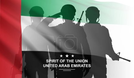 Foto de Silhouette of soldiers with the flag of UAE on white background. Armed forces of United Arab Emirates. Concept for Commemoration Day, Martyrs Day, National Day. EPS10 vector - Imagen libre de derechos