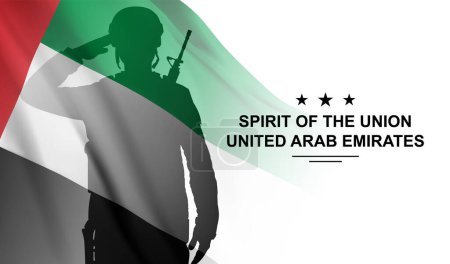 Foto de Silhouette of saluting soldier with the flag of UAE on white background. Armed forces of United Arab Emirates. Concept for Commemoration Day, Martyrs Day, National Day. EPS10 vector - Imagen libre de derechos