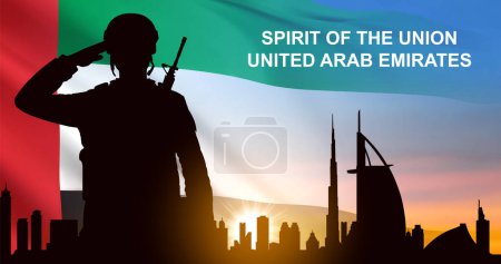 Foto de Silhouette of a solider saluting on background of sunrise and Dubai skyline. UAE national holidays, National Day, Commemoration Day concept. EPS10 vector - Imagen libre de derechos