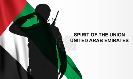 Foto de Silhouette of a solider saluting on background of UAE flag. UAE national holidays, National Day, Commemoration Day concept. 3D-image, 3D-rendering - Imagen libre de derechos