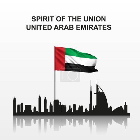 Ilustración de United Arab Emirates - Spirit of the Union. National holidays background. Realistic UAE flag with silhouette of Dubai skyline. EPS10 vector - Imagen libre de derechos