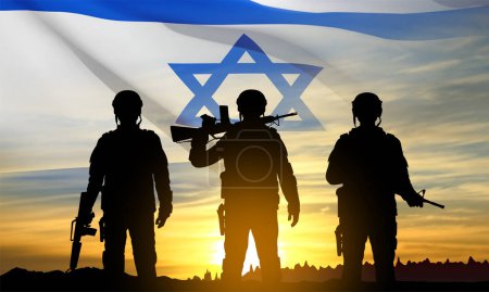 Silhouette of soldier with Israel flag against the sunrise. Concept - armed forces of Israel. EPS10 vector
