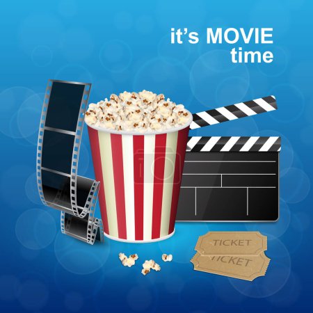 Illustration for Filmstip with popcorn and cinema tickets on blue background. Cinema concept. EPS10 vector - Royalty Free Image