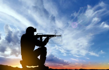 Ilustración de Soldier silhouette against the sunset. EPS10 vector - Imagen libre de derechos