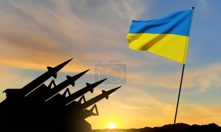 Illustration for The missiles are aimed at the sky with Ukrainian flag. Nuclear Missile defense, air defense concept. EPS10 vector - Royalty Free Image