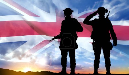 Illustration for Silhouettes of a soldiers with United Kingdom flag on background of sky. Background for Remembrance Day. United Kingdom Armed Forces concept. EPS10 vector - Royalty Free Image