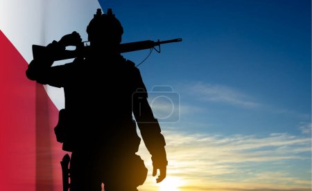 Illustration for Silhouette of soldier with Polish flag on background of sunset. Armed Forces of the Republic of Poland. EPS10 vector - Royalty Free Image