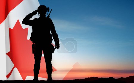 Foto de Silhouette of saluting soldier with Canada flag against sunset sky. Armed Forces of Canada. EPS10 vector - Imagen libre de derechos