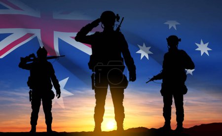 Téléchargez les illustrations : Silhouette of Soldiers with Australian flag on background of sunset. Concept - Armed Force. EPS10 vector - en licence libre de droit