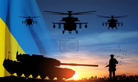 Illustration for Silhouettes of a soldiers and a main battle tank on a battlefield with military helicopters in sky with Ukraine flag against the sunset. EPS10 vector - Royalty Free Image