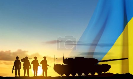 Silhouettes d'un soldat et d'un char de combat principal sur un champ de bataille avec drapeau ukrainien contre le coucher du soleil. Vecteur EPS10