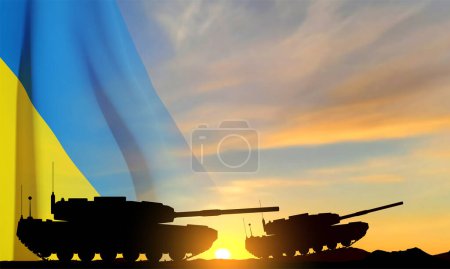 Illustration for Silhouettes of a main battle tanks on a battlefield with Ukraine flag against the sunset. EPS10 vector - Royalty Free Image