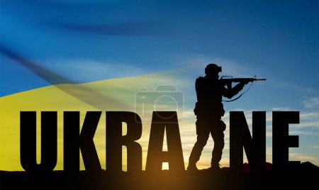 Illustration for Stylized lettering - Ukraine with silhouette of soldier against sunset and Ukraine flag. EPS10 vector - Royalty Free Image