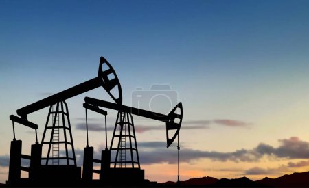 Ilustración de Silhouette of Oil pump. Industrial machine for petroleum on background of sunset. EPS10 vector - Imagen libre de derechos