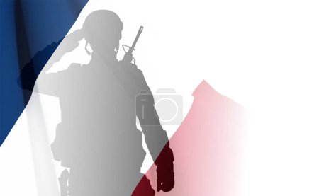 Ilustración de SIlhouette de un soldado saludo con bandera de Francia sobre fondo blanco. EPS10 vector - Imagen libre de derechos