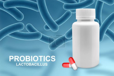 Banner-Vorlage für Probiotika. Probiotikum in Kapsel mit Lactobacillus im Hintergrund. EPS10-Vektor