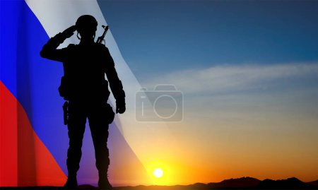 Illustration for Silhouette of russian soldier on background of sunset with the Russian flag. Military recruitment concept. EPS10 vector - Royalty Free Image