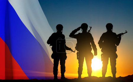 Téléchargez les illustrations : Silhouettes of russian soldiers on background of sunset with the Russian flag. Military recruitment concept. EPS10 vector - en licence libre de droit