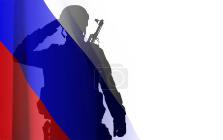 Téléchargez les illustrations : Silhouette de soldat russe sur fond blanc avec drapeau russe. Concept de recrutement militaire. Vecteur EPS10 - en licence libre de droit