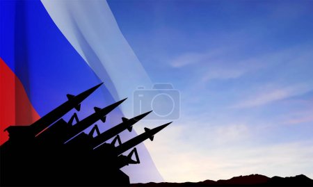 Téléchargez les illustrations : Les missiles dans le ciel au coucher du soleil avec le drapeau russe. Bombe nucléaire, armes chimiques, défense antimissile, un système de tir salvo. Vecteur EPS10 - en licence libre de droit