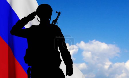 Illustration for Silhouette of russian soldier on background of sky and Russian flag. Military recruitment concept. EPS10 vector - Royalty Free Image