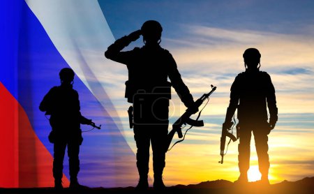 Illustration for Silhouettes of russian soldiers on background of sunset with the Russian flag. Military recruitment concept. EPS10 vector - Royalty Free Image