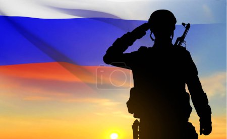 Illustration for Silhouette of russian soldier on background of sunset and Russian flag. Military recruitment concept. EPS10 vector - Royalty Free Image
