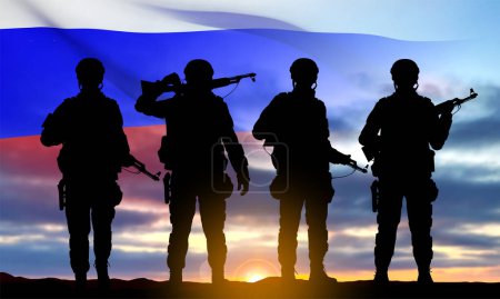 Téléchargez les illustrations : Silhouettes of russian soldiers on background of sunset with the Russian flag. Military recruitment concept. EPS10 vector - en licence libre de droit