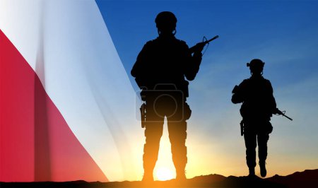 Illustration for Silhouettes of soldiers with Poland flag against the sunset. Armed Forces of the Republic of Poland. EPS10 vector - Royalty Free Image